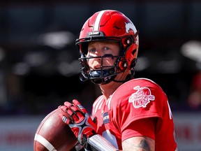 Calgary Stampeders quarterback Bo Levi Mitchell in warm up before facing the BC Lions in CFL football in Calgary on Saturday, August 13, 2022.