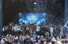 Confetti blasts to cap off the Toronto Argonauts victory rally at Maple Leaf Square as they celebrate their recent Grey Cup championship, on Thursday, Nov. 24, 2022.