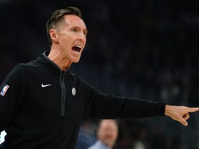 Brooklyn Nets head coach Steve Nash argues a call during the first half of an NBA basketball game Wednesday, Oct. 26, 2022, in Milwaukee.