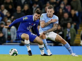 Soccer Football - Carabao Cup Third Round - Manchester City v Chelsea - Etihad Stadium, Manchester, Britain - November 9, 2022. Chelsea's Mason Mount in action with Manchester City's Kalvin Phillips.