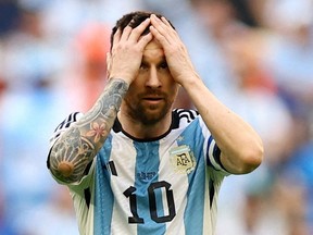 Argentina's Lionel Messi reacts after losing to Saudi Araabia at the Lusail Stadium in Lusail, Qatar on Nov. 22, 2022.