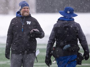 Winnipeg Blue Bombers head coach Mike O'Shea looks down the field during practice at Leibel Field before the 109th Grey Cup on Wednesday, Nov. 16, 2022 in Regina.