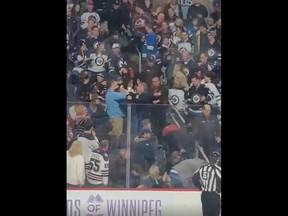 Screenshot of an apparent fight in the stands between spectators at the Winnipeg Jets game against Colorado Avalanche just as the teams were coming out for the third period of the 5-0 Jets win on Tuesday, Nov. 29, 2022.