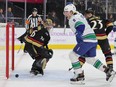 Brock Boeser #6 of the Vancouver Canucks reacts after scoring a first-period power-play goal against Logan Thompson #36 of the Vegas Golden Knights in the first period of their game at T-Mobile Arena on November 26, 2022 in Las Vegas, Nevada.