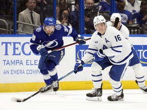 Maple Leafs' Mitch Marner starts the breakout in front of Tampa Bay Lightning's Brandon Hagel during the first period on Saturday, Dec. 3, 2022, in Tampa, Fla.