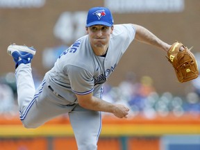 Starting pitcher Ross Stripling of the Toronto Blue Jays delivers against the Detroit Tigers during the third inning at Comerica Park on June 12, 2022, in Detroit, Michigan.