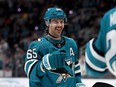 Erik Karlsson of the San Jose Sharks congratulates Timo Meier after he scored against the Anaheim Ducks at SAP Center on November 01, 2022 in San Jose, California.