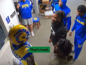 Members of the Los Angeles Rams react to an ugly Christmas sweater version of their uniforms they think theyre wearing on Christmas Day.