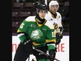 Abakar Kazbekov of the London Knights is shown in Ontario Hockey League action against the Sarnia Sting at Progressive Auto Sales Arena in Sarnia on Oct. 16, 2021. Mark Malone/Sarnia Observer