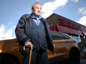 Dave Harmer, 78, has been living mostly in his car for the past year — staying overnight in parking lots with 24-hour restaurants like this Tim Hortons in Perth — while his wife is being treated in a Perth hospital.
