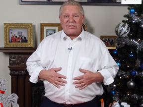 Ontario Premier Doug Ford gestures while talking about his love of Christmas cookies during a video posted to social media Friday, Dec. 23, 2022.