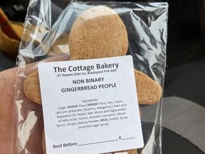 Gingerbread cookie in clear packaging with label that reads "Non-binary Gingerbread People" and ingredients.
