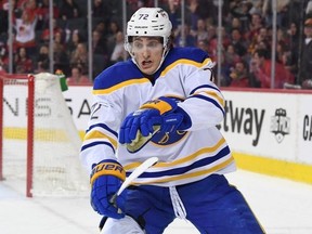 Buffalo Sabres forward Tage Thompson scores against the Calgary Flames in overtime at Scotiabank Saddledome.
