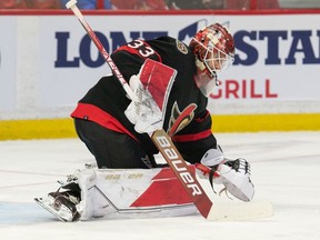 Ottawa Senators goalie Cam Talbot (33) makes a save in the second period against the Montreal Canadiens at the Canadian Tire Centre, Dec. 14, 2022.