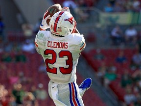 Rodney Clemons registers one of his team-high four interceptions with the SMU Mustangs in 2019. Clemons has signed with the CFL's Saskatchewan Roughriders.