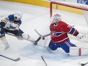 St. Louis Blues' Brandon Saad (20) scores on Canadiens goaltender Jake Allen in Montreal on Saturday, Jan. 7, 2023.