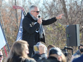 Lamont Daigle is shown addressing an anti-restrictions rally on Nov. 14, 2020, during the first year of the COVID-19 pandemic. (Dale Carruthers/The London Free Press)