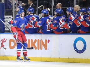 New York Rangers centre Filip Chytil celebrates with his teammates after scoring a goal in the third period against the Vegas Golden Knights at Madison Square Garden in New York, Jan. 27, 2023.