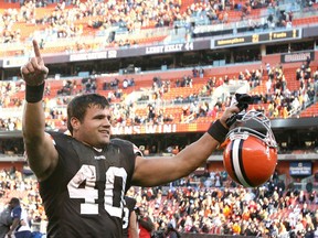 Running back Peyton Hillis of the Cleveland Browns celebrates their victory over the New England Patriots at Cleveland Browns Stadium on Nov. 7, 2010 in Cleveland, Ohio.