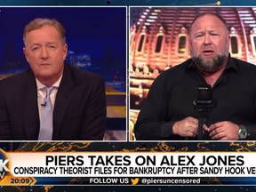 Screenshot of Piers Morgan, left, and Alex Jones during an interview on Piers Morgan Uncensored this week.
