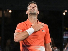 Serbia's Novak Djokovic celebrates beating Canada's Denis Shapovalov in their men's singles quarter-final match at the Adelaide International tennis tournament in Adelaide on January 6, 2023.