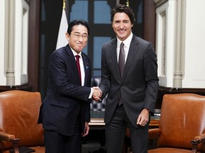 Prime Minister Justin Trudeau meets with Prime Minister of Japan Fumio Kishida on Parliament Hill in Ottawa, Thursday, Jan. 12, 2023.