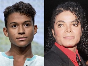 Jaafar Jackson appears during the "Living with The Jacksons" panel at the Reelz Channel 2014 Summer TCA in Beverly Hills, Calif., on July 12, 2014, left, and Michael Jackson appears at the American Cinema Award gala in Beverly Hills, Calif., on Jan. 9, 1987.