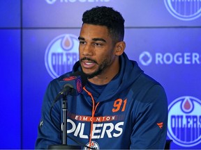 Edmonton Oilers forward Evander Kane answers questions from the media after training camp at Rogers Place in Edmonton on Wednesday September 21, 2022.