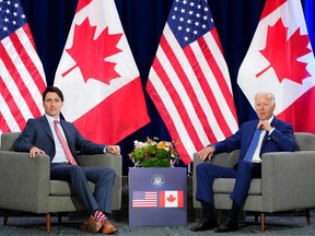 Prime Minister Justin Trudeau meets with U.S. President Joe Biden at the Summit of the Americas, in Los Angeles, Calif., on June 9, 2022.