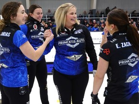 Jennifer Jones (centre) celebrates team victory at the Scotties Tournament of Hearts provincial curling final at the East St. Paul Arena on Sunday, Jan. 29, 2023.