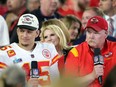 Patrick Mahomes of the Kansas City Chiefs and Andy Reid of the Kansas City Chiefs are interviewed after beating the Philadelphia Eagles in Super Bowl LVII at State Farm Stadium on February 12, 2023 in Glendale, Arizona.