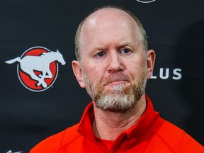 Calgary Stampeders head coach and general manager Dave Dickenson speaks with media at McMahon Stadium on Tuesday, February 7, 2023. The CFL’s free-agency period begins at 10 a.m. MST on Tuesday, Feb. 14.