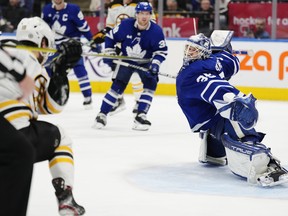 Boston Bruins' Pavel Zacha scores on Maple Leafs' goaltender Ilya Samsonov during the third period in Toronto on Wednesday, Feb. 1, 2023.
