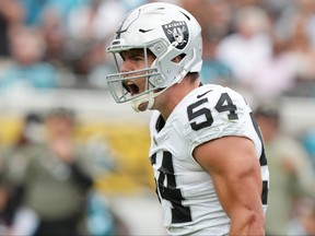 Blake Martinez of the Las Vegas Raiders celebrates after making a tackle in the second quarter of the game against the Jacksonville Jaguarsat TIAA Bank Field on November 06, 2022 in Jacksonville, Florida.