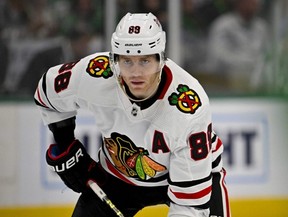 Blackhawks right wing Patrick Kane waits for the face-off in the Stars zone during third period NHL action at the American Airlines Center in Dallas, Wednesday, Feb. 22, 2023.