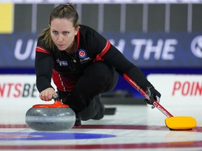 Ontario fourth Rachel Homan delivers a rock while playing Newfoundland at the Scotties Tournament of Hearts, in Kamloops, B.C., on Saturday, February 18, 2023.