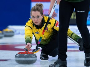 Northern Ontario skip Krista McCarville delivers a rock as they play New Brunswick in Page playoff action at the Scotties Tournament of Hearts at Fort William Gardens in Thunder Bay, Ont. on Saturday, Feb. 5, 2022.