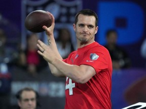 Las Vegas Raiders quarterback Derek Carr throws the ball during the Pro Bowl Skills competition at the Intermountain Healthcare Performance Facility.