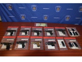 London police say they seized nine handguns, one of them loaded, after arresting a wanted man on Thursday Feb. 2, 2023. Photo: London police)