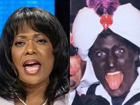 Conservative MP Dr. Leslyn Lewis and an old photo of Justin Trudeau wearing blackface before becoming prime minister.