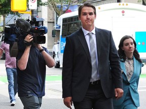 Former Canucks winger Jake Virtanen arrives at B.C. Supreme Court for his sexual assault trial in July.