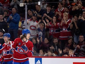 Montreal Canadiens left-wing Michael Pezzetta looks back to the fans after the Habs scored against the Edmonton Oilers during first period in Montreal on Feb. 12, 2023.