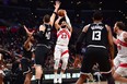 Toronto Raptors guard Fred VanVleet (23) shoots against Los Angeles Clippers centre Ivica Zubac (40) during Wednesday's game.