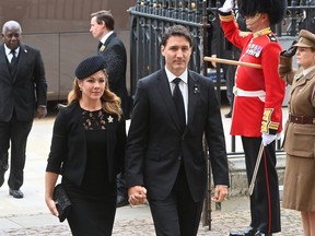 Prime Minister of Canada Justin Trudeau and his wife Sophie Trudeau arrive for the State Funeral of Queen Elizabeth II at Westminster Abbey on September 19, 2022 in London.