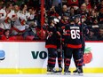 Ottawa Senators left wing Austin Watson (16) celebrates with teammates after scoring a short-handed goal against the Detroit Red Wings during the first period at the Canadian Tire Centre on Tuesday, Feb. 28, 2023.