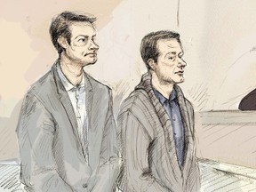 Dellen Millard (left) and Mark Smich appear in court in front of Justice Andrew J. Goodman in Hamilton, Ont. on Monday, Jan.18, 2016.