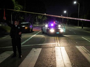 The Lincoln Park neighbourhood is cordoned off as police look for a gunman who shot three police officers, in Los Angeles, Calif., March 8, 2023.