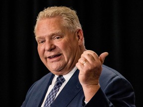 Ontario Premier Doug Ford speaks at an announcement at AstraZeneca in Mississauga February 27, 2023.