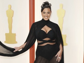 Ashley Graham arrives at the Oscars on Sunday, March 12, 2023, at the Dolby Theatre in Los Angeles.