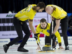 Matt Dunstone and his teammates (Colton Lott and B.J. Neufeld are shown here) put in an impressive showing before falling in the Brier final on Sunday.